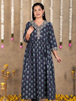 ARAMYA - Blue Kantha Cotton A-Line Floral Print Kurta
