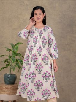 ARAMYA - Beige Soft Cotton A-Line Floral Print Kurta