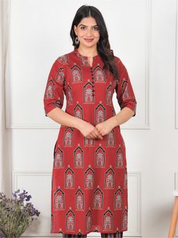 ARAMYA - Red Soft Cotton Straight Ajrakh Print Kurta