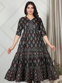 ARAMYA - Black Soft Cotton A-line Ajrakh Print Kurta