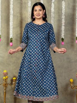 ARAMYA - Navy Blue Soft Cotton A-line Block Print Kurta