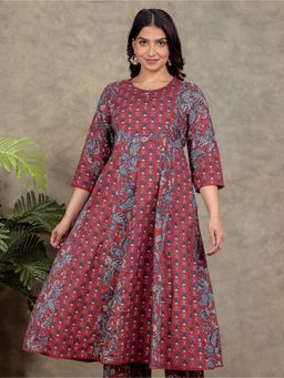 ARAMYA - Red Soft Cotton Anarkali Paisley Print Kurta