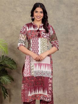 ARAMYA - Maroon Soft Cotton Straight Patchwork Print Kurta