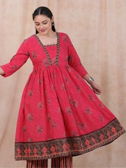 ARAMYA - Pink Soft Cotton Anarkali Geometric Print Kurta