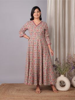 ARAMYA - Beige Linen Cotton Floral Print Kurta