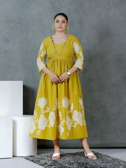 ARAMYA - Yellow Soft Cotton Flared Placement Print Kurta