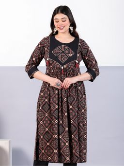 ARAMYA - Rust Soft Cotton A-line Geometric Print Kurta