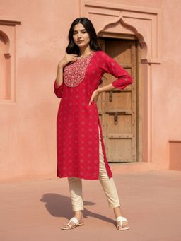 Rangita - Pink Women Rayon Embroidered Straight Calf Length Kurta