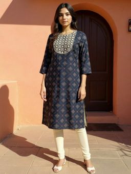 Rangita - Women Blue Rayon Embroidered Straight Calf Length Kurta