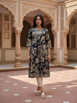 Rangita - Women Navy Blue Rayon Embroidered Anarkali Calf Length Kurta