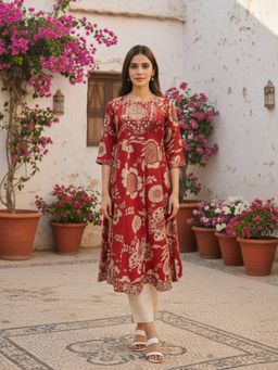 Rangita - Women Pink Rayon Embroidered Anarkali Calf Length Kurta