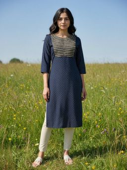 Rangita - Women Navy Blue Rayon Embroidered Straight Calf Length Kurta