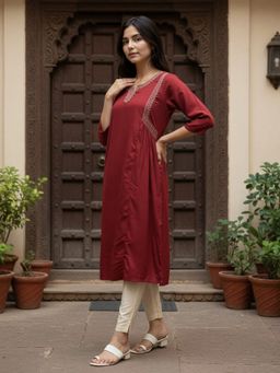 Rangita - Women Maroon Rayon Embroidered Flared Calf Length Kurta
