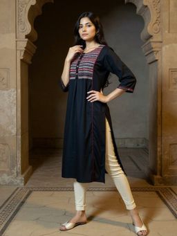 Rangita - Women Black Rayon Slub Embroidered Straight Calf Length Kurta