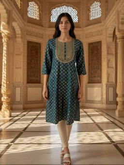 Rangita - Women Teal Viscose Embroidered Straight Calf Length Kurta