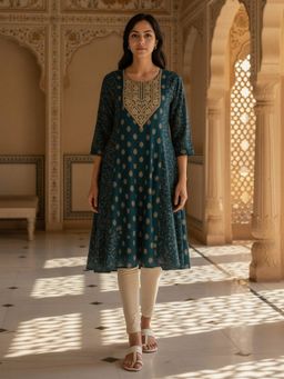 Rangita - Women Teal Poly Viscose Embroidered Anarkali Calf Length Kurta