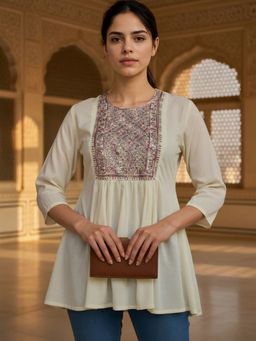 Rangita - Women Off-White Rayon Embroidered A-Line Short Length Kurtis