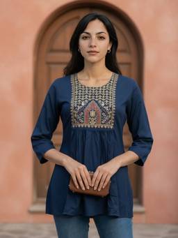 Rangita - Women Teal Rayon Embroidered A-Line Short Length Kurtis
