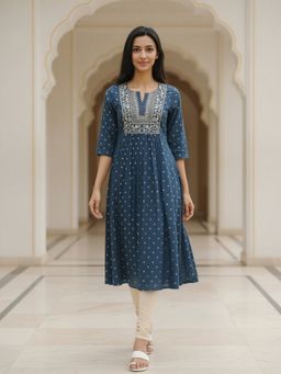 Rangita - Women Navy Blue Rayon Embroidered Flared Calf Length Kurta