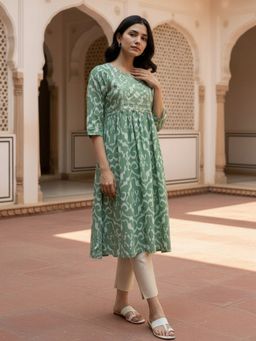 Rangita - Women Green Rayon Embroidered Flared Calf Length Kurta