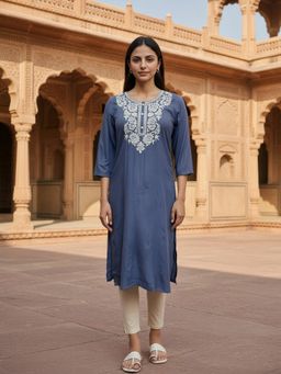 Rangita - Women Grey Rayon Slub Embroidered Straight Calf Length Kurta