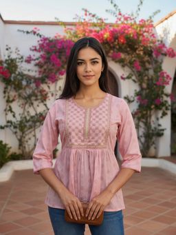 Rangita - Women Pink Rayon Embroidered A-Line Short Length Kurtis