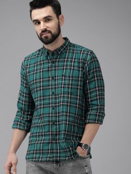 The Bear House - Men Green Checked Flannel Shirt Casual Shirt