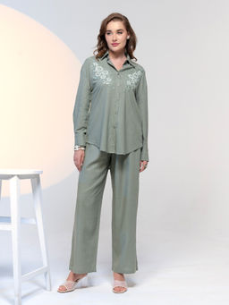 Label S4U - Olive Green Embroidered Co-Ord (Set of 2)