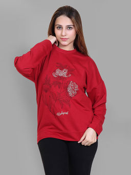 Club York - Women's Maroon Full Sleeve Front Embroidery Round Neck Sweatshirt