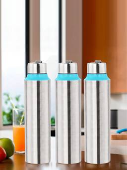 Kuber Industries - Stainless Steel Water Bottle With Handle (1000 ml) Blue & Silver (Pack of 3)
