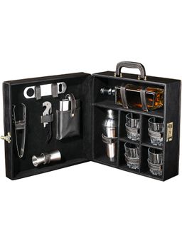 Kuber Industries - Faux Leather 4 Imported Glasses Portable Bar Set Cocktail Shaker Set Black