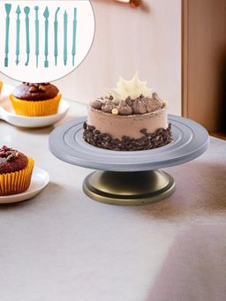 Kuber Industries - Plastic 360degree Smooth Rotating Cake Stand With 8 Fondant Sticks Silver & Gold