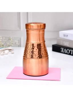 Kuber Industries - Middle Hammered Copper Bottle Jar With Inbuilt Glass 1100 ml Copper