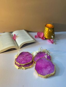 Homearte - Crystal Agate Coaster Gold Plated- Pink (Pack of 4)