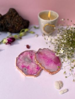 Homearte - Brazilian Agate Coaster Rose Gold Plated- Pink (Pack of 2)