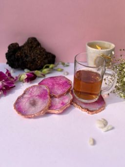 Homearte - Brazilian Agate Coaster Rose Gold Plated- Pink (Pack of 4)