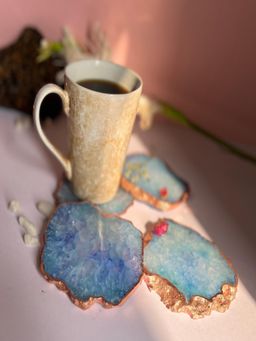 Homearte - Crystal Agate Coaster Rose Gold Plated- Blue (Pack of 4)