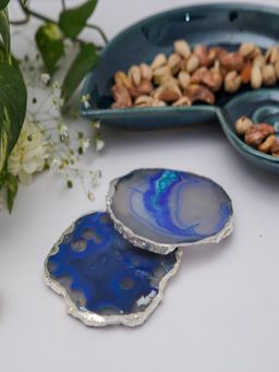 Homearte - Brazilian Agate Coaster Silver Plated- Blue (Pack of 2)