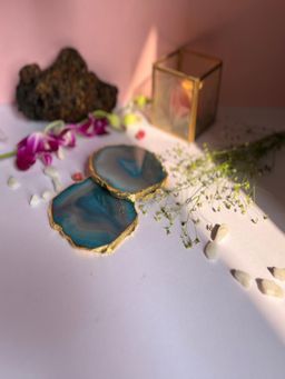 Homearte - Brazilian Agate Coaster Gold Plated- Turquoise (Pack of 2)