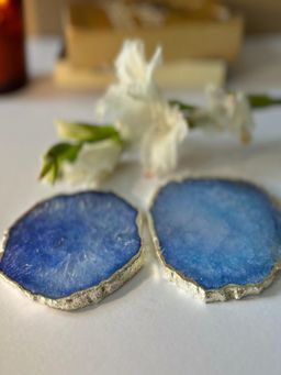 Homearte - Crystal Agate Coaster Silver Plated- Blue (Pack of 2)