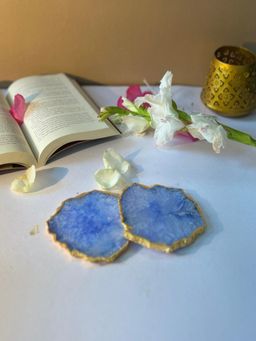 Homearte - Crystal Agate Coaster Gold Plated- Blue (Pack of 2)