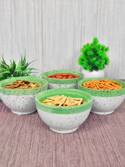 FABINALIV - Green Solid Handcrafted Glossy Ceramics Bowl (Pack of 4)