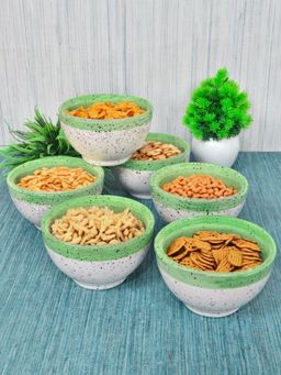 FABINALIV - Green Solid Handcrafted Glossy Ceramics Bowl (Pack of 6)