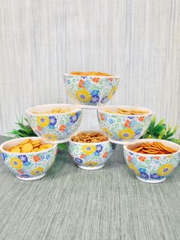 FABINALIV - Multicolor Floral Handcrafted Glossy Ceramics Bowl (Pack of 6)