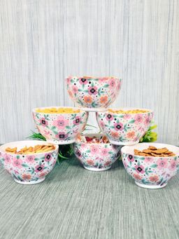 FABINALIV - Multicolor Floral Handcrafted Glossy Ceramics Bowl (Pack of 6)