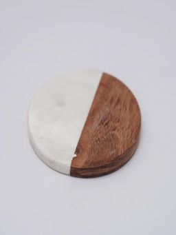 Homearte - White Marble And Wood Round Coaster (Pack of 2)
