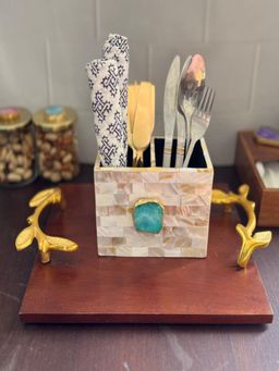 Homearte - Mother Of Pearl With Agate Cutlery Holder- Green