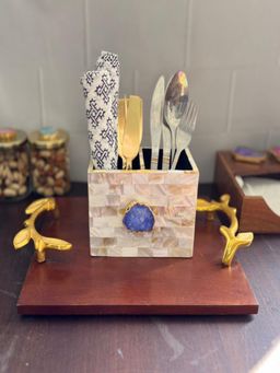 Homearte - Mother Of Pearl With Agate Cutlery Holder- Blue