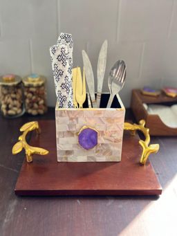 Homearte - Mother Of Pearl With Agate Cutlery Holder- Purple