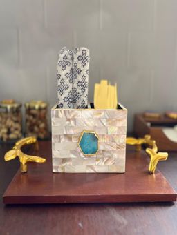 Homearte - Mother Of Pearl With Agate Cutlery Holder- Turquoise
